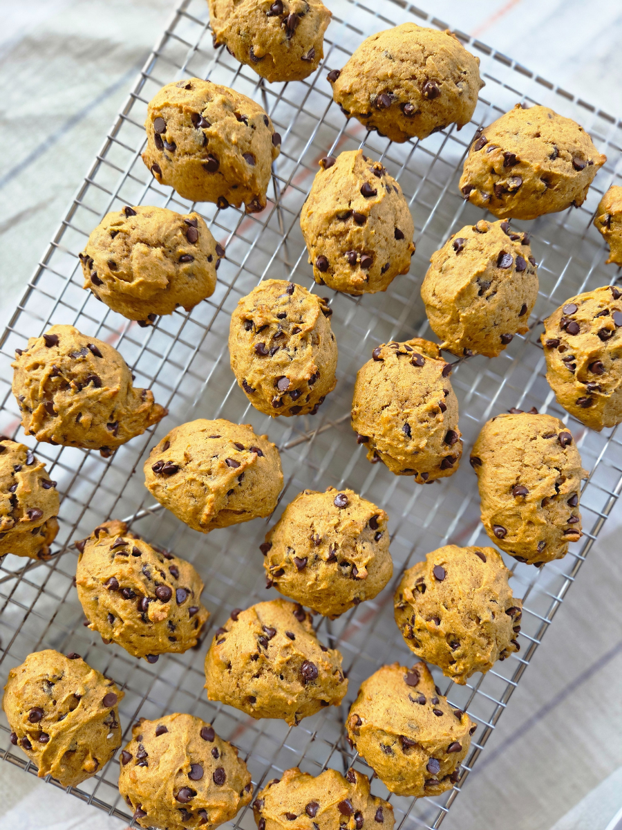 Dozens of soft pumpkin spice chocolate chip cookies arranged neatly on a cooling rack after baking.