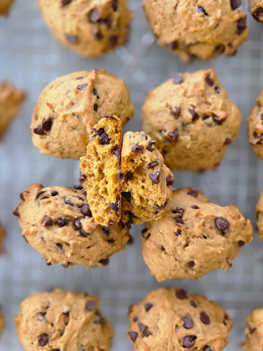 Pumpkin spice chocolate chip cookie broken in half to show its soft, fluffy inside with melted chocolate chips