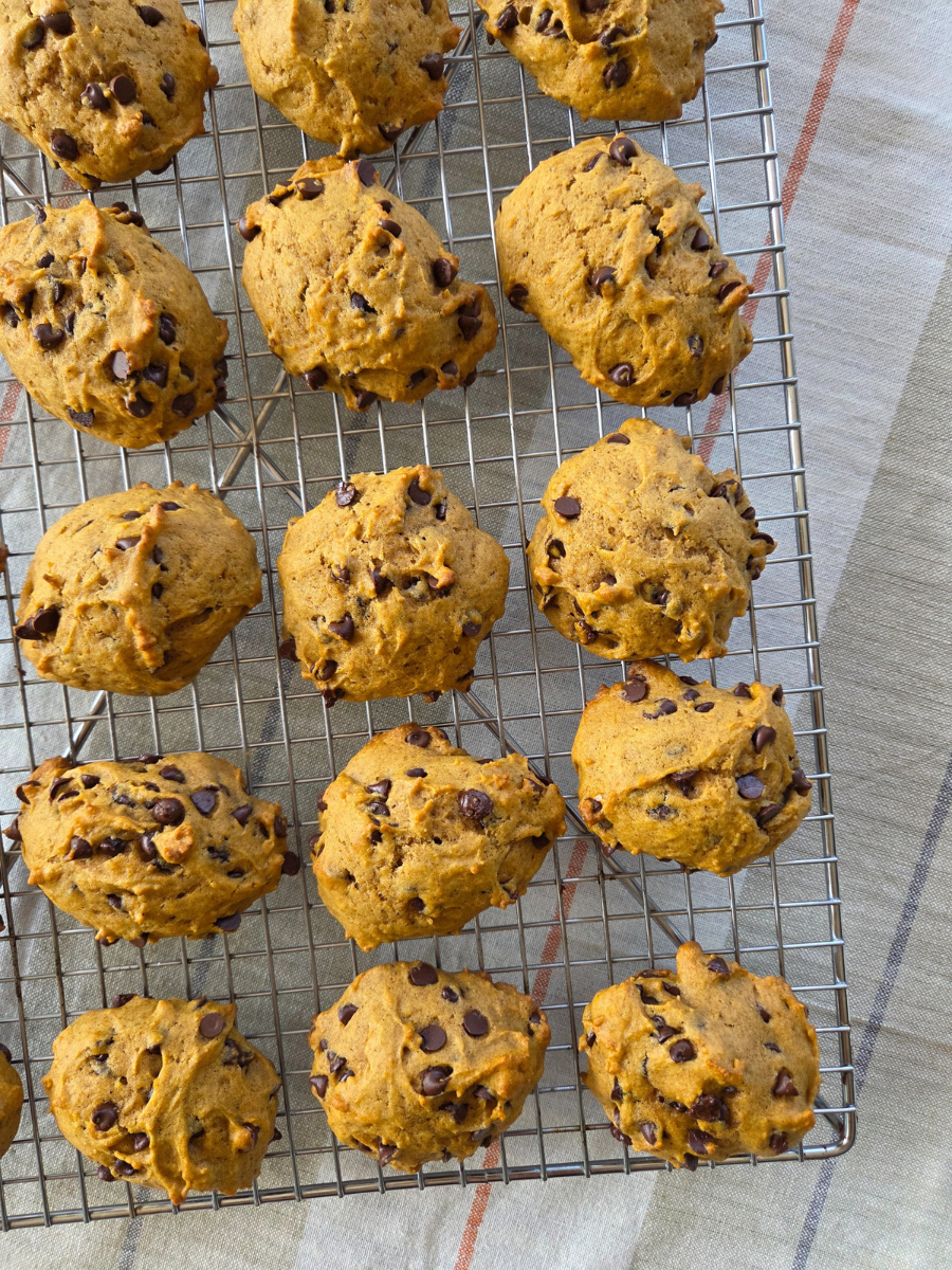 Pumpkin spice chocolate chip cookies on a wire rack viewed from above, showing their golden pumpkin color and chocolate chips throughout.
